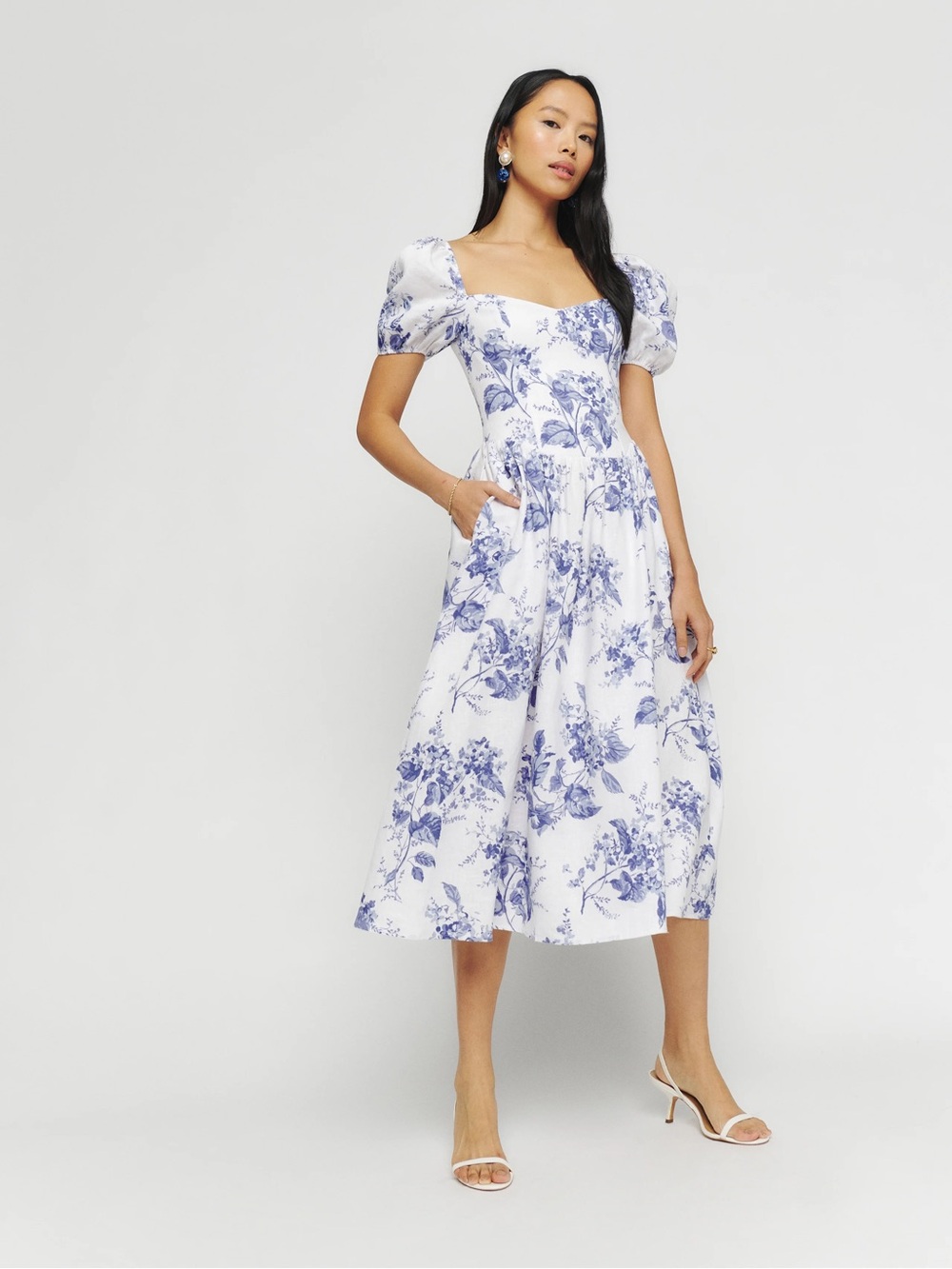 Reformation 100% Linen Davila White Dress with Blue Floral Print